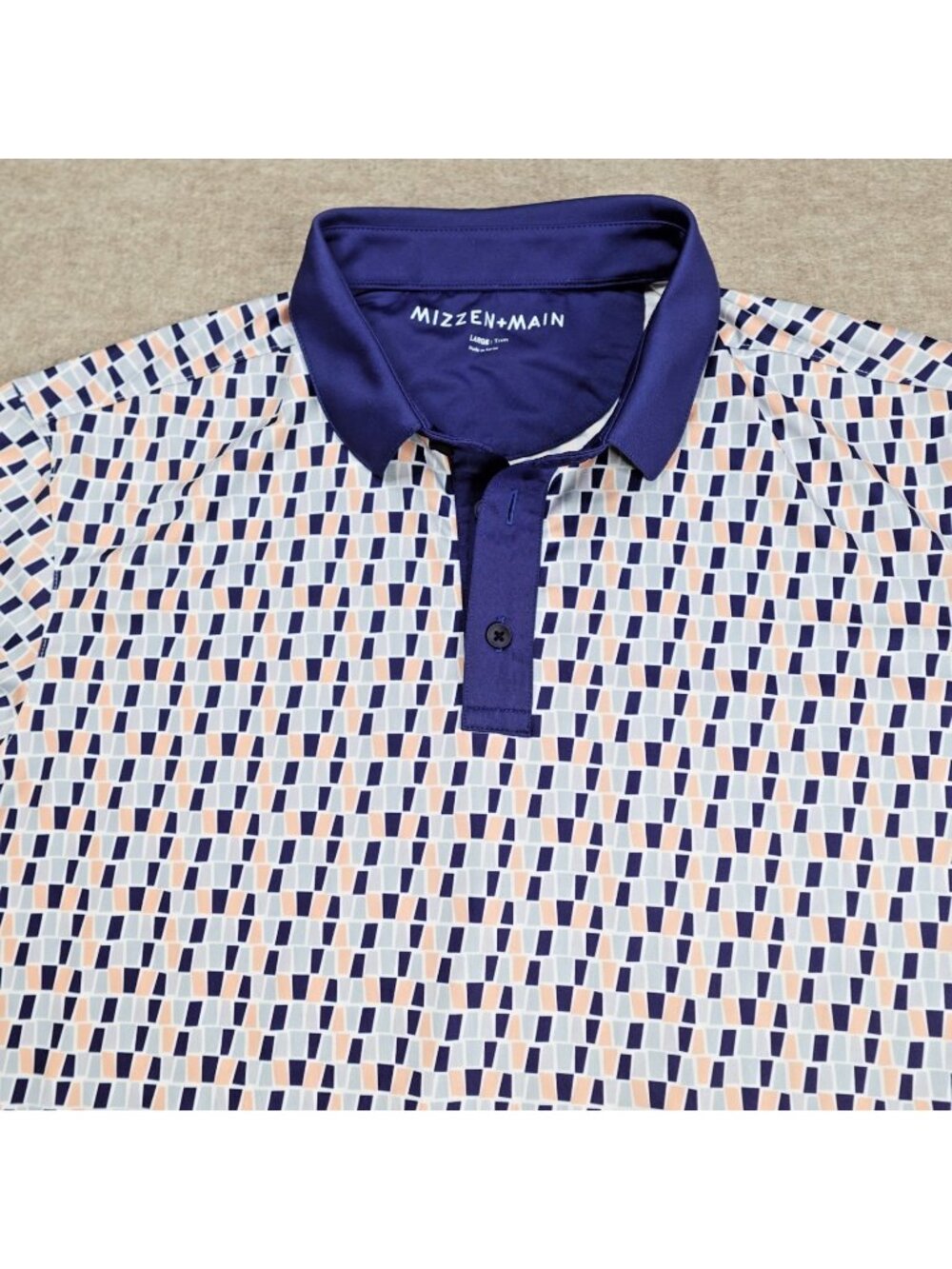 Mizzen Main Mens Polo Shirt Large White Blue Geometric Trim